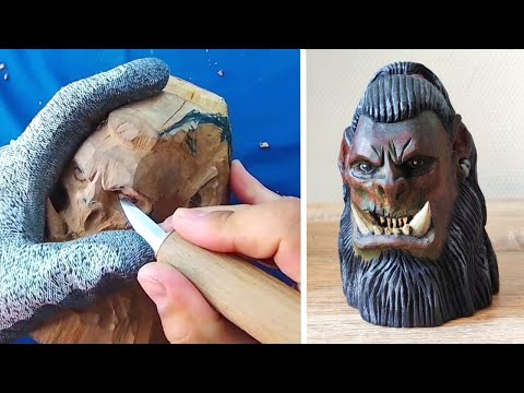 Sculpting an Orc in wood by hand, a wood carving demonstration