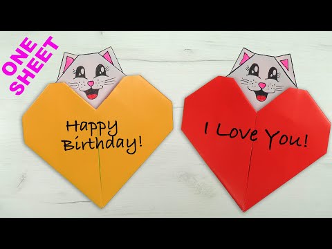 Origami Cat & Heart. Easy paper Heart with Cat from one sheet.