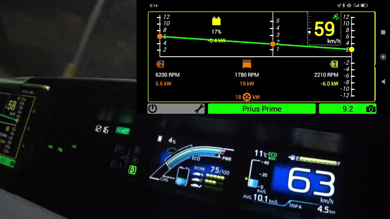 プリピでハイブリッド車雑談峠道走行上り（HYBRID Assisant共線図表示）