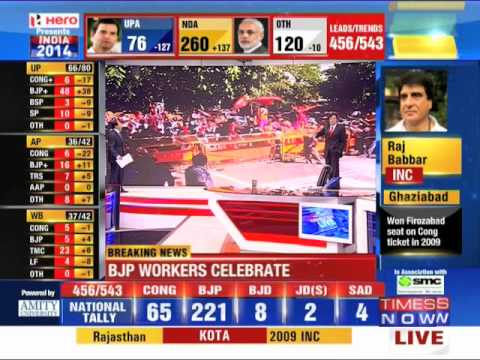 BJP supporters celebrate outside the BJP headquarters in Delhi