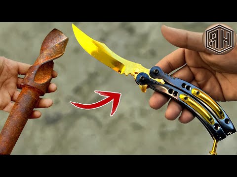 Rusted Drill Bit Forged into a 24K GOLD Plated BUTTERFLY KNIFE