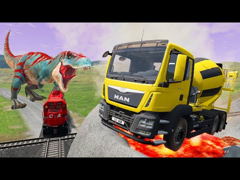 Cars vs Lava Crosses Road - Cars vs Double Rails #3 - BeamNg Drive