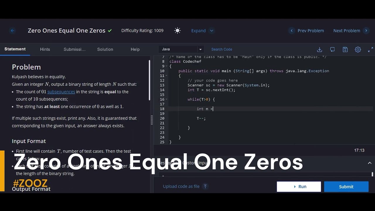CodeChef Zero Ones Equal One Zeros Problem Solution || #coding #codechef #codechefsolution #zooz