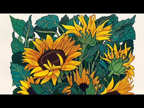 Printing process of Sunflowers linocut print with cutting layers