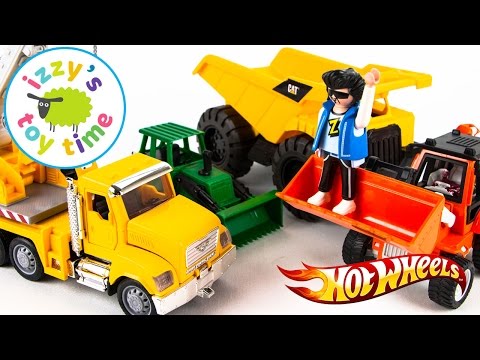 Cars ! CONSTRUCTION VEHICLES! Hot Wheels Fast Lane and Playmobil | Fun Toy Cars
