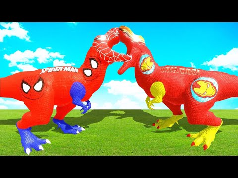 Dinosaur Hunting! Spiderman T-Rex vs Ironman T-Rex in Jurassic World Evolution - ARBS Battle