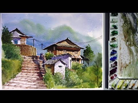 watercolor painting ghandruk village by art painting workshop