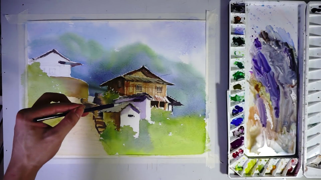 watercolor painting ghandruk village by art painting workshop