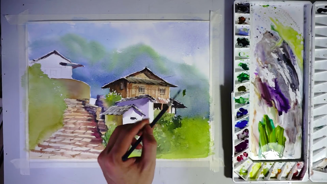 watercolor painting ghandruk village by art painting workshop