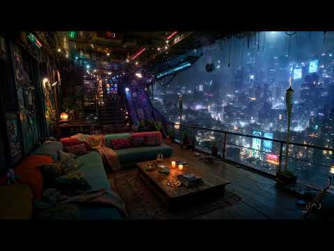 🎵 Cozy Balcony over the Radiant City: Rain and Ambient Music with Distant Saxophone | 4K | 10 hours