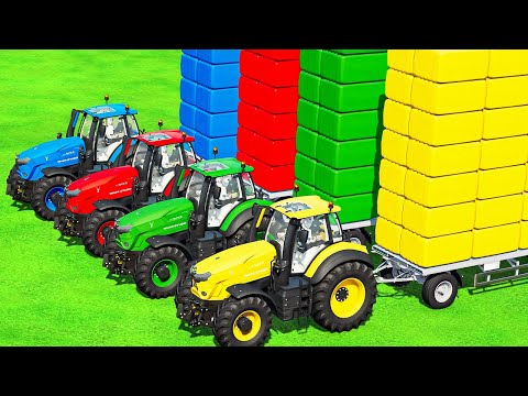 TRANSPORT & HARVEST GRASS BALE w/ GIANT DEUTZ FAHR TRACTORS & AUTO LOADER TRAILER!! FS22