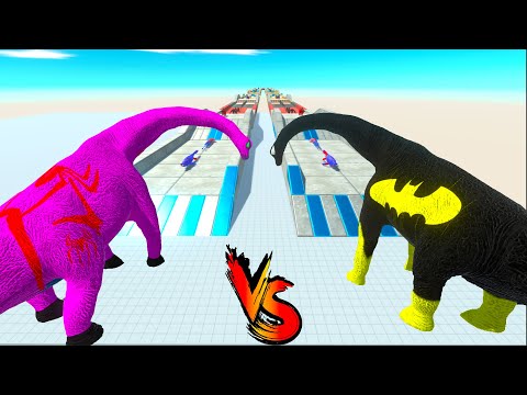 BATMAN BRACHIOSAURUS vs SPIDER-MAN BRACHIOSAURUS RACE BATTLE COMPETITION - ARBS