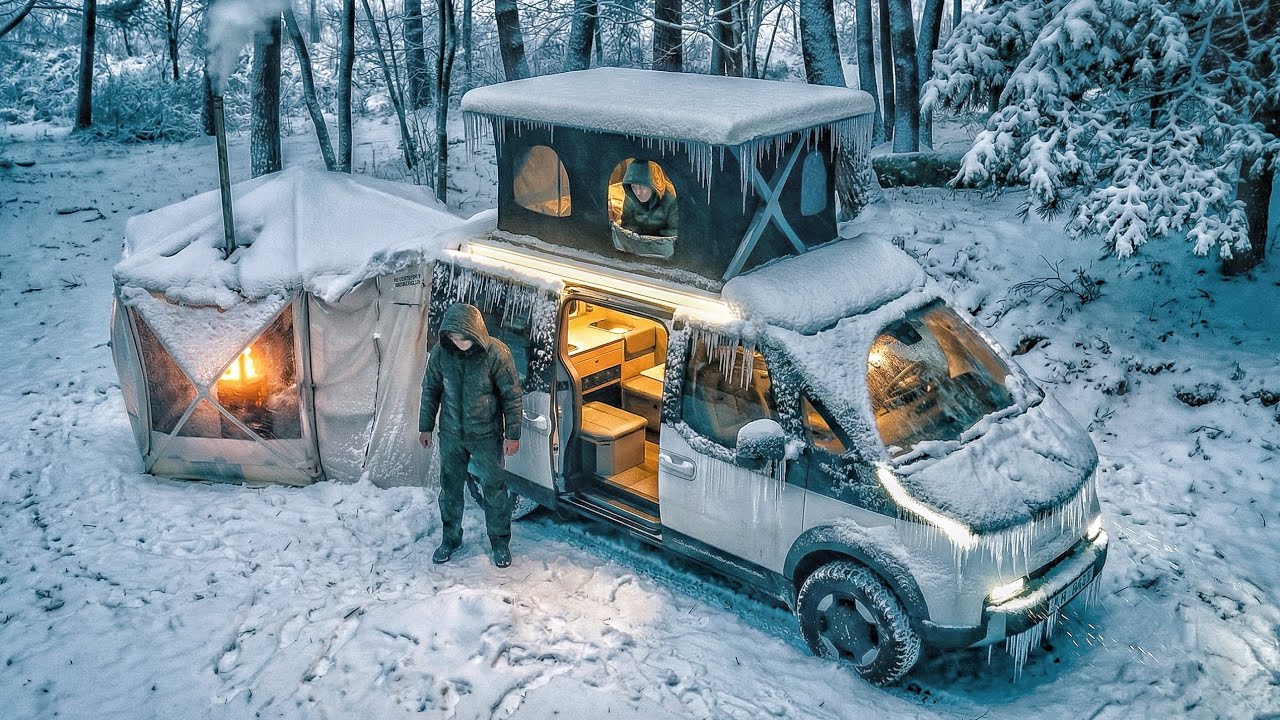 Camping in a 70cm Snowstorm | Kia PV5 Camper Van