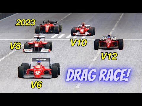 Ferrari F1 2023 vs V6, V8, V10, V12 Ferrari F1 Engine - Mega Drag Race 20 KM