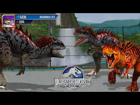 INDOMINUS REX VS T REX AND INDOMINUS REX - JURASSIC BATTLE || JURASSIC WORLD THE GAME