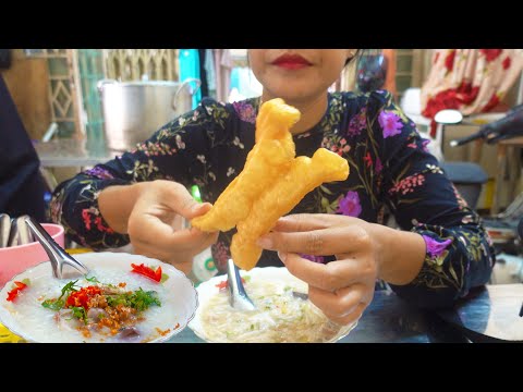 Fish mixed pork intestine porridge, Cambodian street food