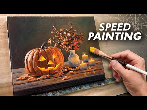 Acrylgemälde im Zeitraffer | Halloween-Kürbis-Stillleben