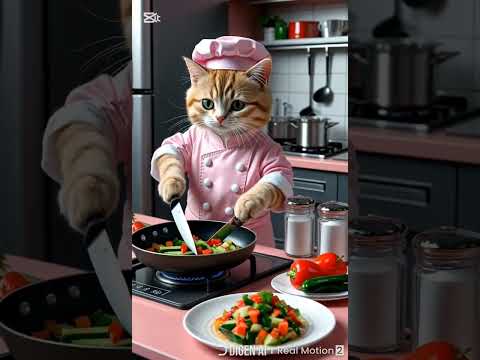 cat chef cooking#  chef full kit theme ligth rose😺🍳cooked vegetables bellpepar,garkin