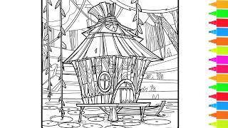 Coloring The Jungle Hut, Mushroom Hut, House & Garden | Coloring Book Pages