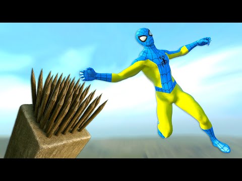 Spider Man Falling into Spike Traps! Epic Ragdoll Physics Fails