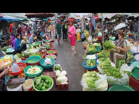 Cambodian Early Morning Street Market Tour 2025 – Walk Around Chbar Ampov Vegetable Morket In Early