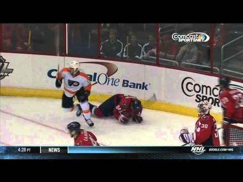 Zach Rinaldo elbowing major Mikhail Grabovski Philadelpia Flyers vs Washington Capitals 9/27/13 NHL