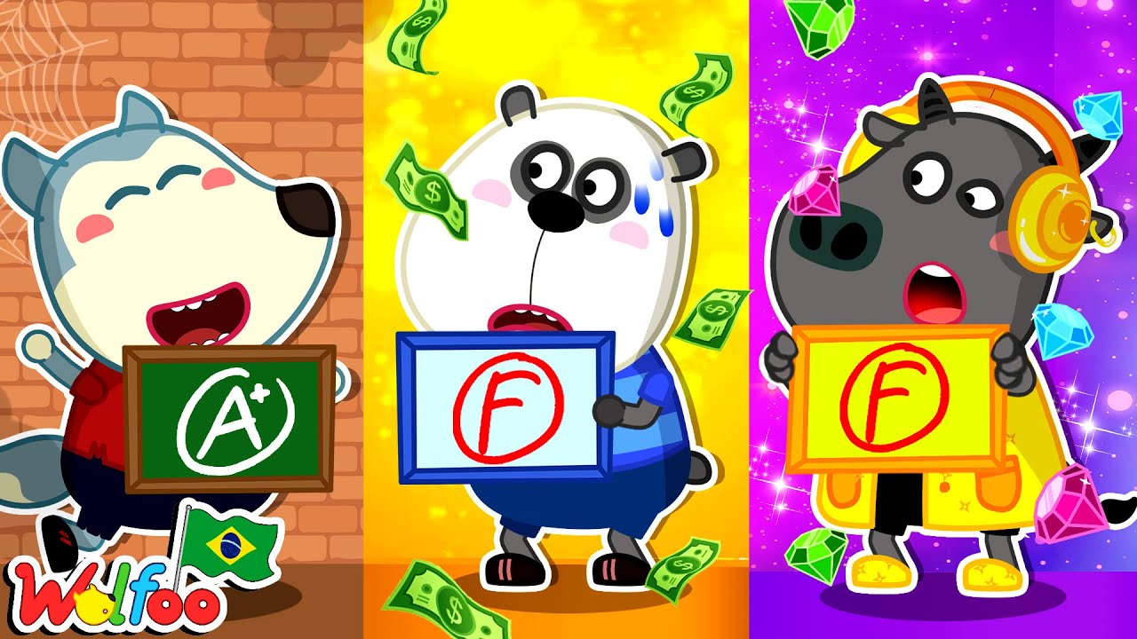 Rico vs Quebrado vs Giga Rico - Wolfoo mostram que o conhecimento na escola é mais importante