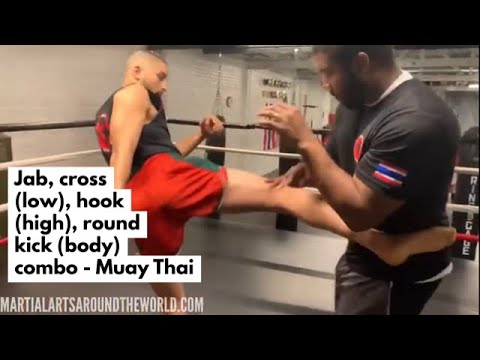Jab, cross (low), hook (high), round kick (body) combo - Muay Thai