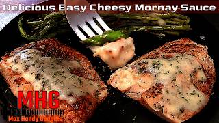 A Delicious Easy Cheesy Mornay Sauce for Pan Seared Salmon and Asparagus