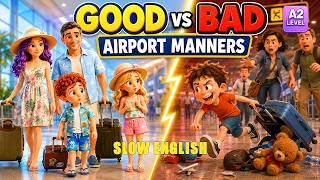 SLOW ENGLISH | GOOD vs BAD Airport Manners | Easy English Video for Beginners (A2 Level)