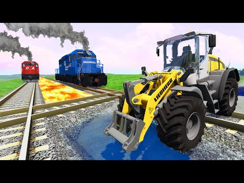 Truck Rescue Stuck Cars vs Lava Crosses Railroad - Double Rails and Deep Water - BeamNG.Drive