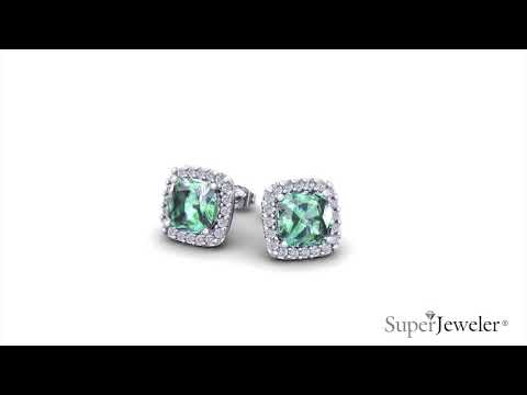 H051746 | Cushion Cut Green Amethyst and Halo Diamond Stud Earrings In White Gold | superjeweler.com