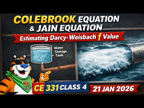 Colebrook equation & Jain equation: estimating Darcy Weisbach f value - CE 331 Class 4 (21 Jan 2026)