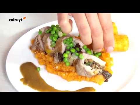 Recette Roulade de faisan farcie, petits pois et purée de patates douces - Colruyt
