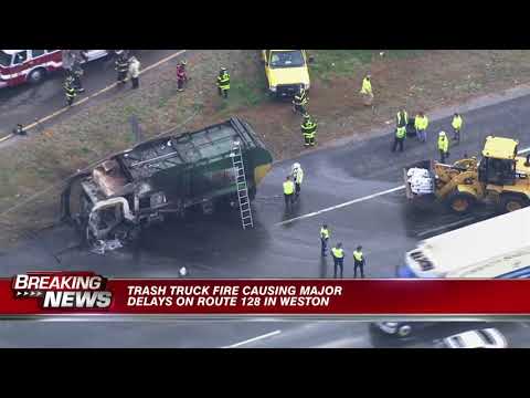 Trash truck fire shuts down Route 128 in Weston