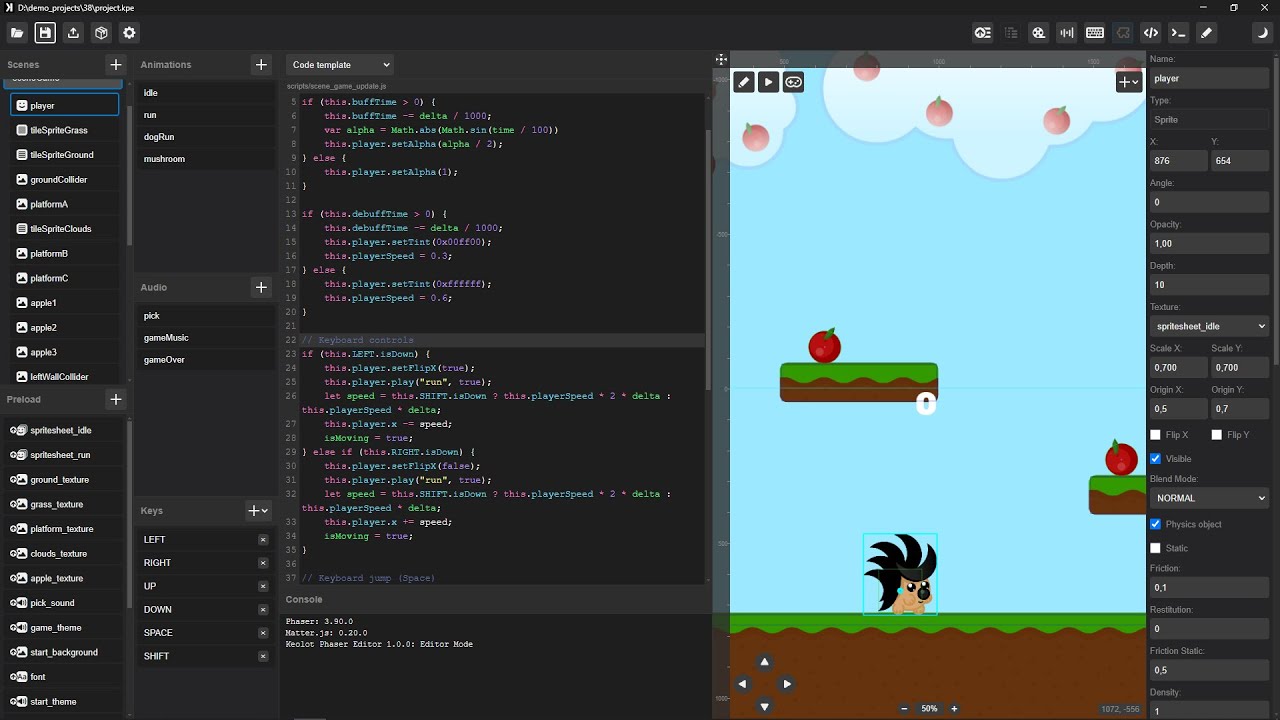 Keolot Phaser Editor is a free visual editor for browser 2D games on the Phaser engine with Matter