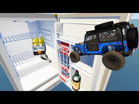 Jumping Cars Into Open Fridge - Beamng Drive - TrainWorld