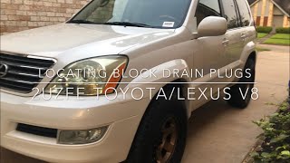 Locating coolant drain plugs on 2UZFE Toyota & Lexus V8. GX470, Tundra, Landcruiser, & 4Runner LX470