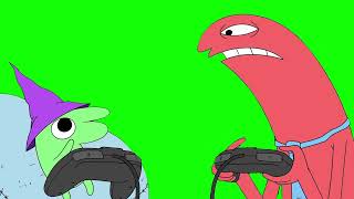 Glep and Allan playing video games green screen + blue + magenta