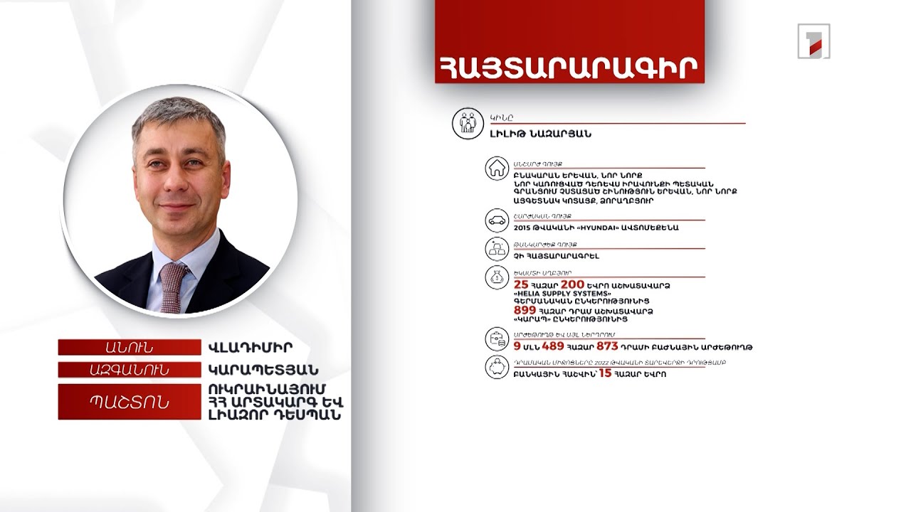 6 անշարժ գույք, ավտոմեքենա, 125 հազար դոլար. Ուկրաինայում ՀՀ դեսպան Վլադիմիր Կարապետյանի հայտարարագիրը