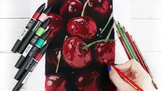 How to use MARKERS with COLORED PENCILS - Drawing Realistic Cherries
