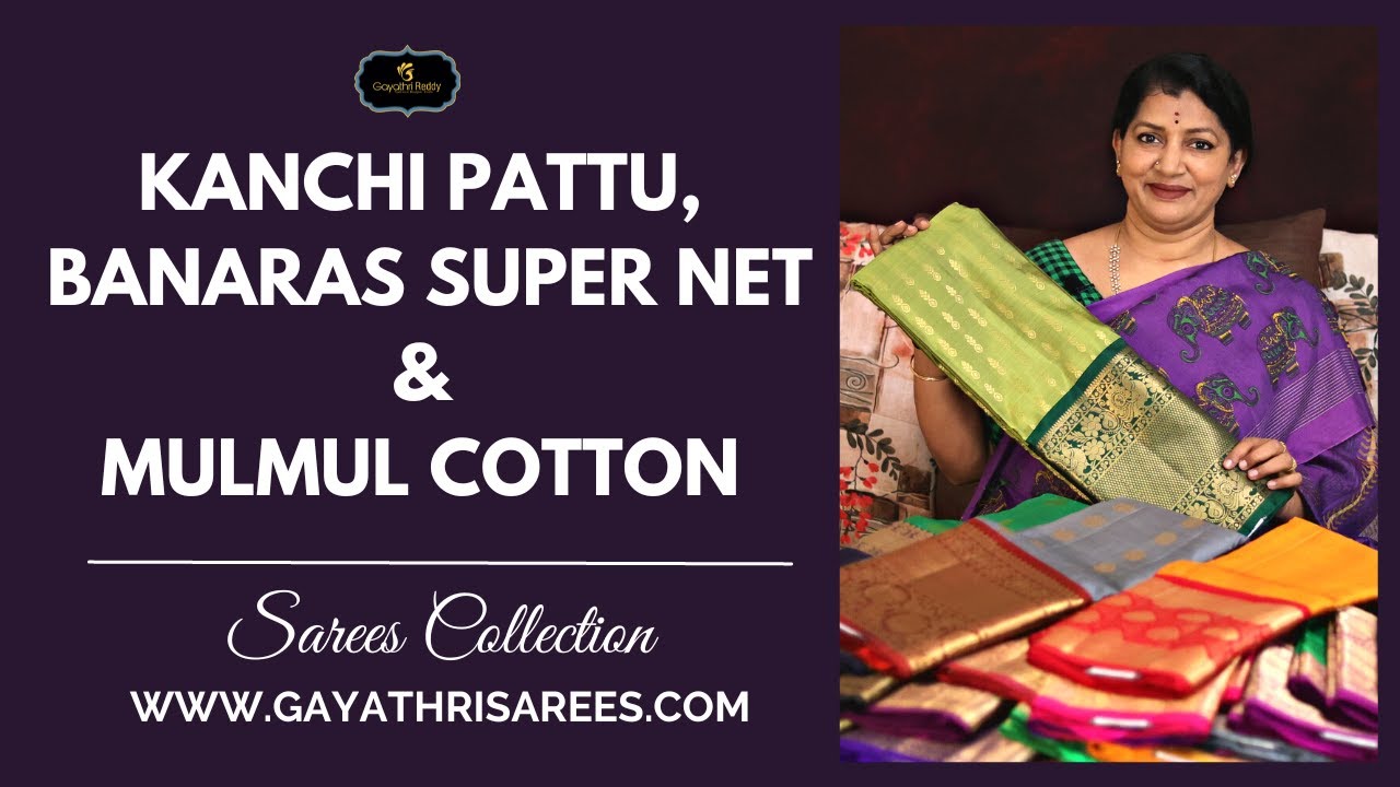 <p style="color: red">Video : </p>Pure Kanchi Pattu   Banaras Super Net &amp; Mulmul Cotton   Regular Wear Sarees Collection 2023-01-27