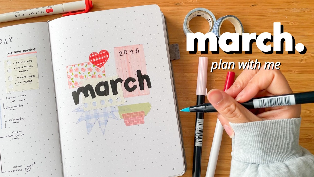 March 2026 Bullet Journal Setup | Bujo Spread Ideas 🧵 patchwork theme