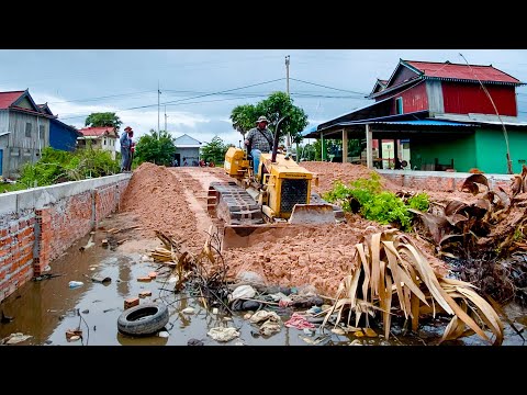 NICELY! First Start New Project LANDFILL Using Skills Dozer Pushing Soil Into Water with 5Ton Trucks