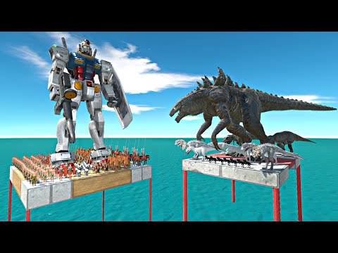 Gundam + Ancient Humans Army Falling and Fight Zilla + Dinosaurs Team-Animal Revolt Battle Simulator