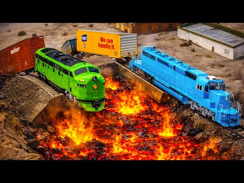 Train and Cars vs Giant Lava Creator & Double Rails - BeamNG.Drive