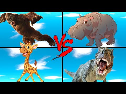 Battle Royale T-REX vs King Kong vs Giraffe vs Hippopotamus in Animal Revolt Battle Simulator