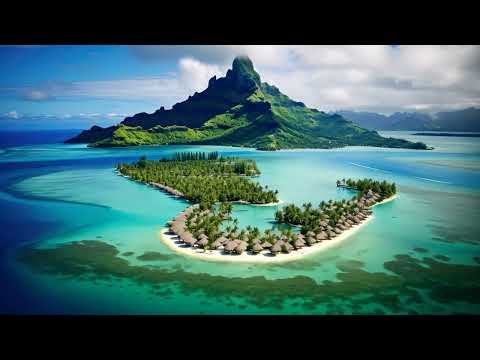 Tropical island with palm trees and blue lagoon. 3d render, Bora bora aerial view, tahiti french