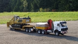 preview picture of video 'Modellbau-Alb/DB3850 mit Dolly/Tieflader und Bagger CAT 345D'
