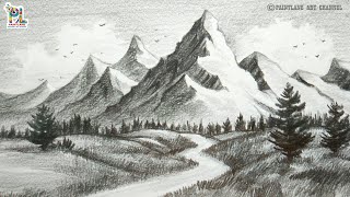 How To Draw Morning Mountains Landscape Art With Single Pencil  || PAINTLANE